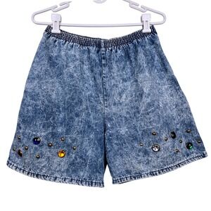 Vintage Gepetto Acid Wash Denim Shorts Gemstone Studded Blue 80s Retro Medium